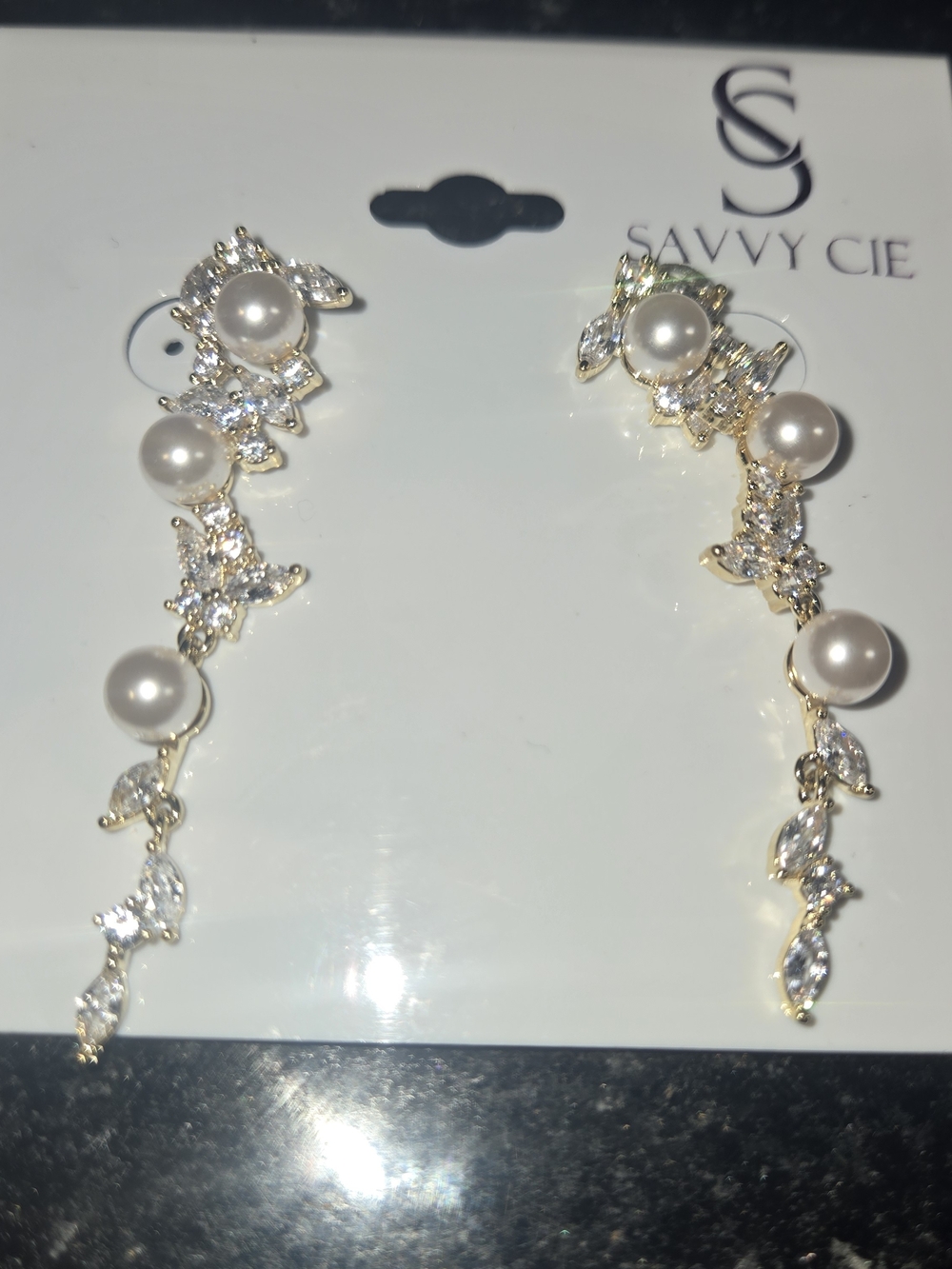 Savvy Cie Gold Pearl and Crystal Drop Earrings — White Pearls